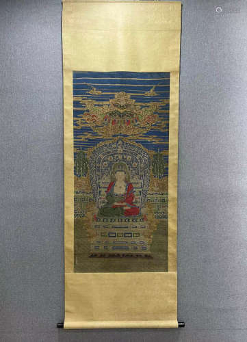 Ding Guanpeng Buddha picture old silk damask mounted vertica...