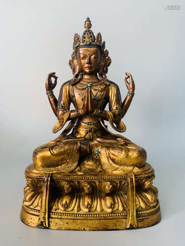 Bronze gilded four arm Guanyin statue of Qing Dynasty