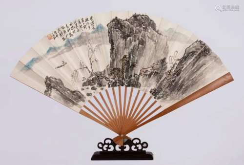 Huang Binhong landscape picture old paper old fan bone fan