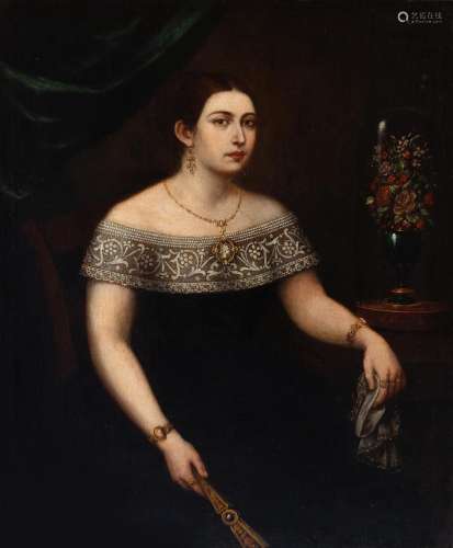 Spanish school, ca. 1850. "Portrait of a lady with a fa...