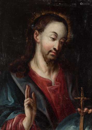 Spanish school; XVII century. "Salvator Mundi". Oi...