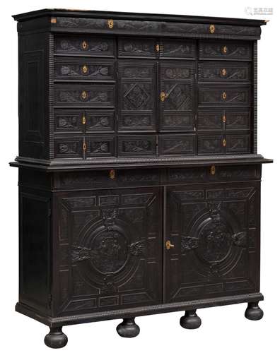 Cabinet Louis XIII Style; France, 18th Carved and ebonized w...