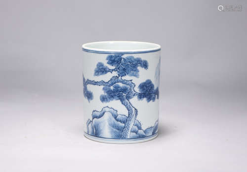 Qing Dynasty Kangxi blue and white landscape pen holder