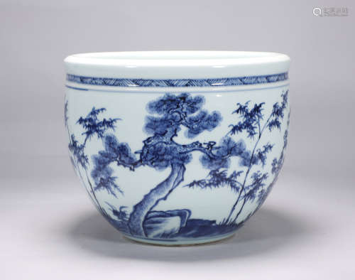 Qing Dynasty Kangxi blue and white pine, bamboo and plum jar