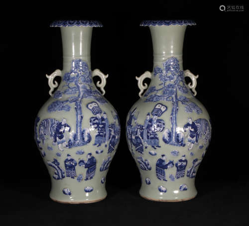 Pair Celadon Ground and Underglaze Blue Vases Qing Dynasty