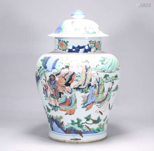 Qing Dynasty blue and white colorful figure general jar
