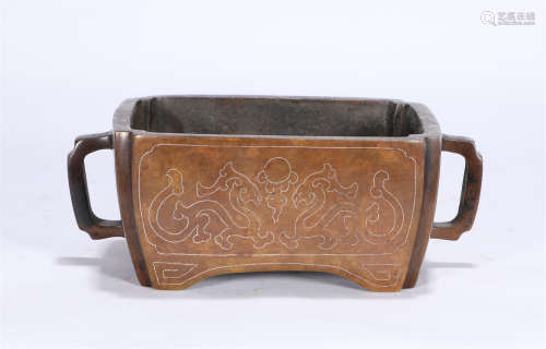 A Silver Inlaid Bronze Censer Qing Style