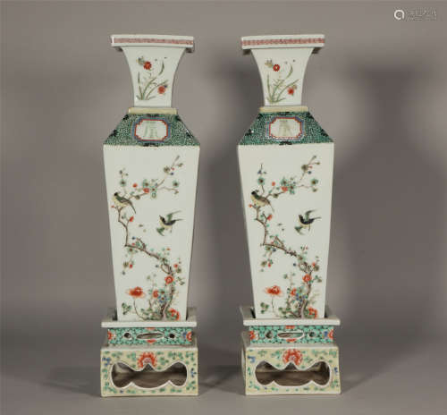 Pair Famille Verte Squared Vases Kangxi Style