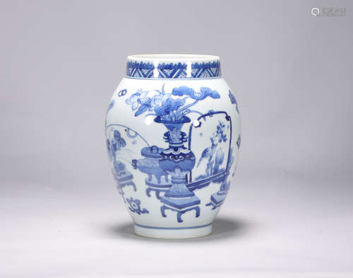 Lotus seed jar with blue and white Bogu pattern in Kangxi of...