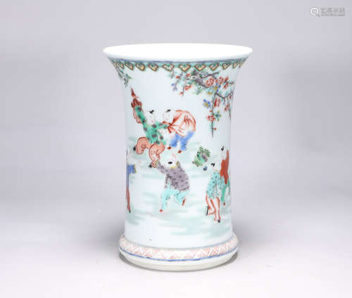 Kangxi multicolored character pen holder in Qing Dynasty.