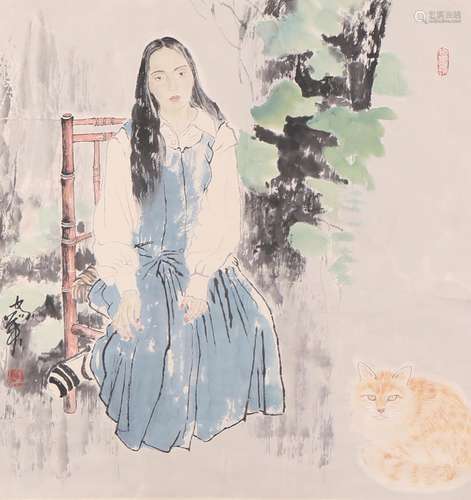 A Chinese Figure Painting Paper Scroll, He Jiaying Mark