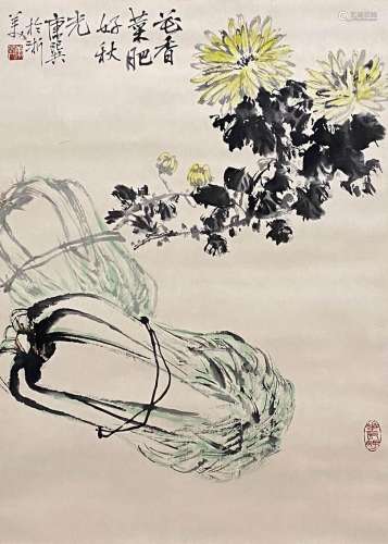 A Chinese Flower and Bird Painting Paper Scroll, Kang Shiyao...