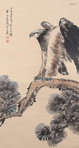 A Chinese Eagle Painting Paper Scroll, Zheng Naiguang Mark