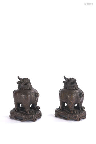 Pair of Bronze Mythical Beast Censers