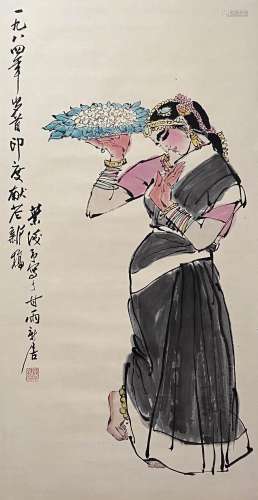 A Chinese Figure Painting Paper Scroll, Ye Qianyu Mark