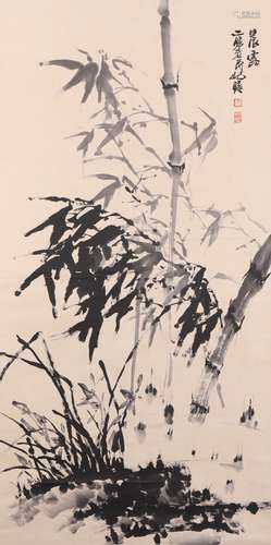 A Chinese Bamboo Painting Paper Scroll, Zhu Qizhan Mark