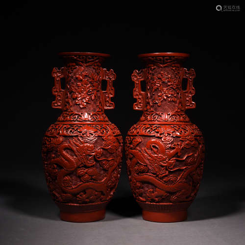 A Pair of Carved Cinnabar Lacquer Dragon Vases