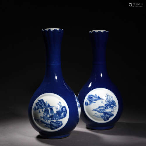 A Pair of Blue-Splashed Landscape Garlic-Head Shape Vases
