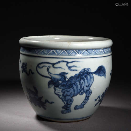 A Blue and White Mythical Beast Jar