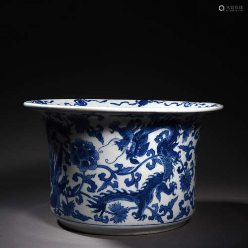 A Blue and White Dragon and Phoenix Jardiniere