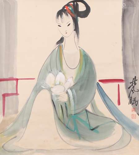 A Chinese Figure Painting Paper Scroll, Lin Fengmian Mark