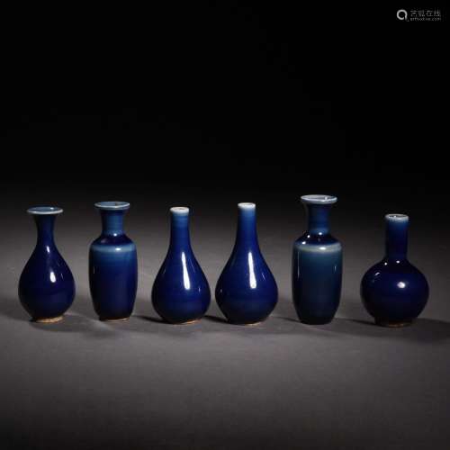 Set of Six Sacrificial Blue Glaze Vases