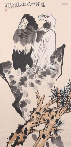 A Chinese Eagles Painting Paper Scroll, Li Kuchan Mark