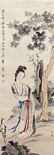 A Chinese Figure Painting Paper Scroll, Xu Cao Mark