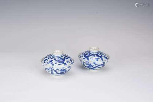 Pair of Blue and White Dragon Cups and Covers