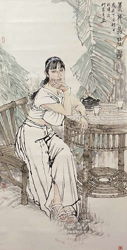 A Chinese Figure Painting Paper Scroll, He Jiaying Mark