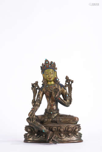 Hardstone Inlaid and Gold Painted Silver Figure of Tara