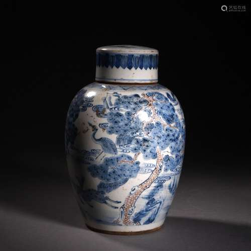 A Copper Red Glaze and Underglaze Blue Stag and Crane Jar an...