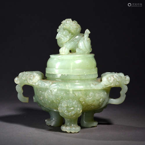 A Carved Jade Lion-Finial Tripod Censer