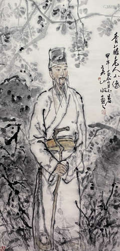 A Chinese Figure Painting Paper Scroll, Wu Shanming Mark