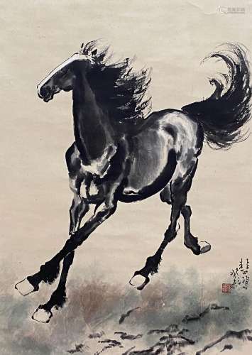 A Chinese Horse Painting Paper Scroll, Xu Beihong Mark