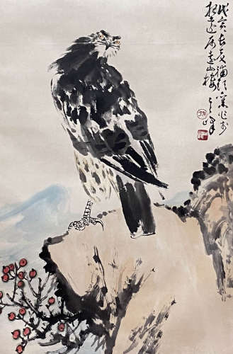 A Chinese Eagle Painting Paper Scroll, Sun Qifeng Mark