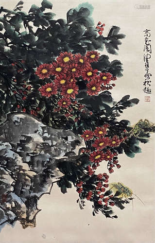 A Chinese Flower and Bird Painting Paper Scroll, Chen Peiqiu...