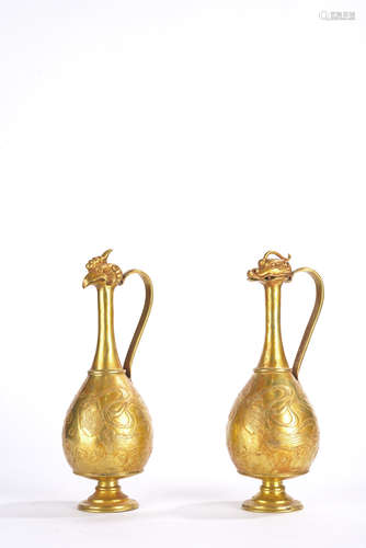 Pair of Gilt Bronze Dragon and Phoenix Ewers