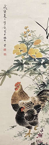 A Chinese Flower and Bird Painting Paper Scroll, Yan Bolong ...