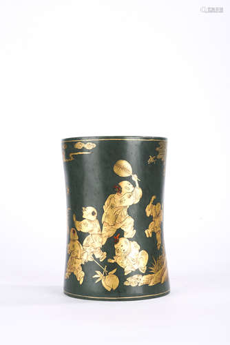 Gilt Decorated Spinach-Green Jade Boys Playing Brush Pot