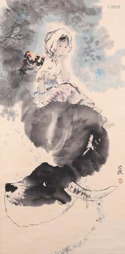 A Chinese Figure Painting Paper Scroll, Zhou Sicong Mark