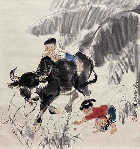 A Chinese Boy and Bull Painting Paper Scroll, Zhou Sicong Ma...