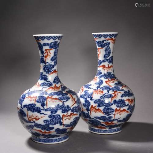 A Pair of Underglaze Blue and Iron-Red Glaze Bat and Clouds ...