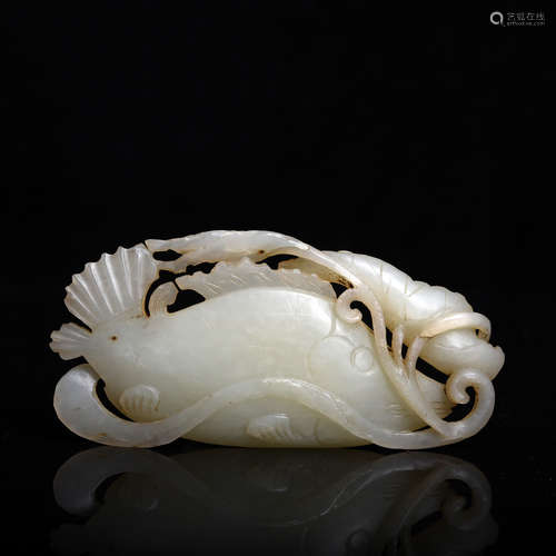 A Carved Hetian Jade Carp and Lotus Pendant