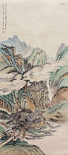 A Chinese Landscape Painting Paper Scroll, Lu Xiaoman Mark