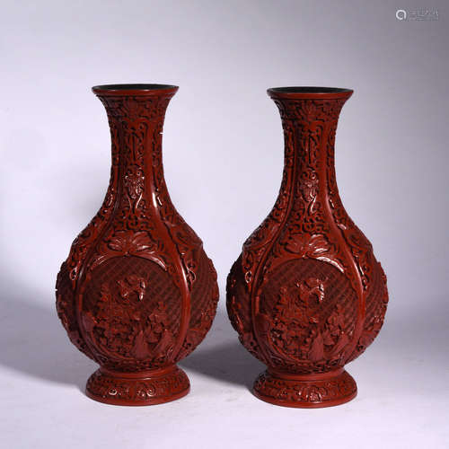 A Pair of Carved Cinnabar Lacquer Floral Vases