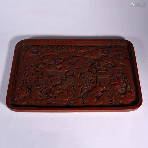 A Carved Cinnabar Lacquer Landscape and Pavilion Plate