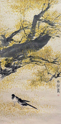 A Chinese Flower and Bird Painting Paper Scroll, Qin Tianzhu...