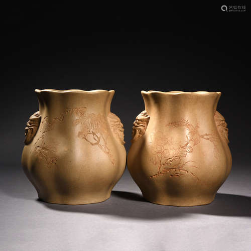 A Pair of Duan Clay Incised Mythical Beast Foliate-Edge Vase...