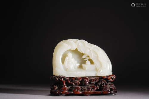 Carved White Jade Scholar and Pine Boulder